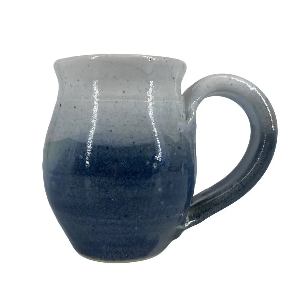 Pottery Mug Blue Signed Rustic Floral Design Coffee Tea Cup Ombre Studio Art